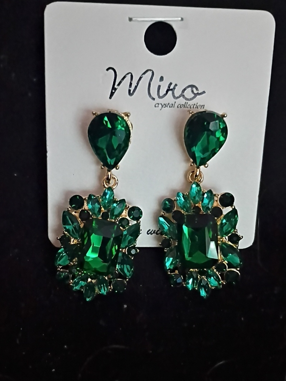 IRO Green Crystal Drop Statement Earrings - Gold Tone